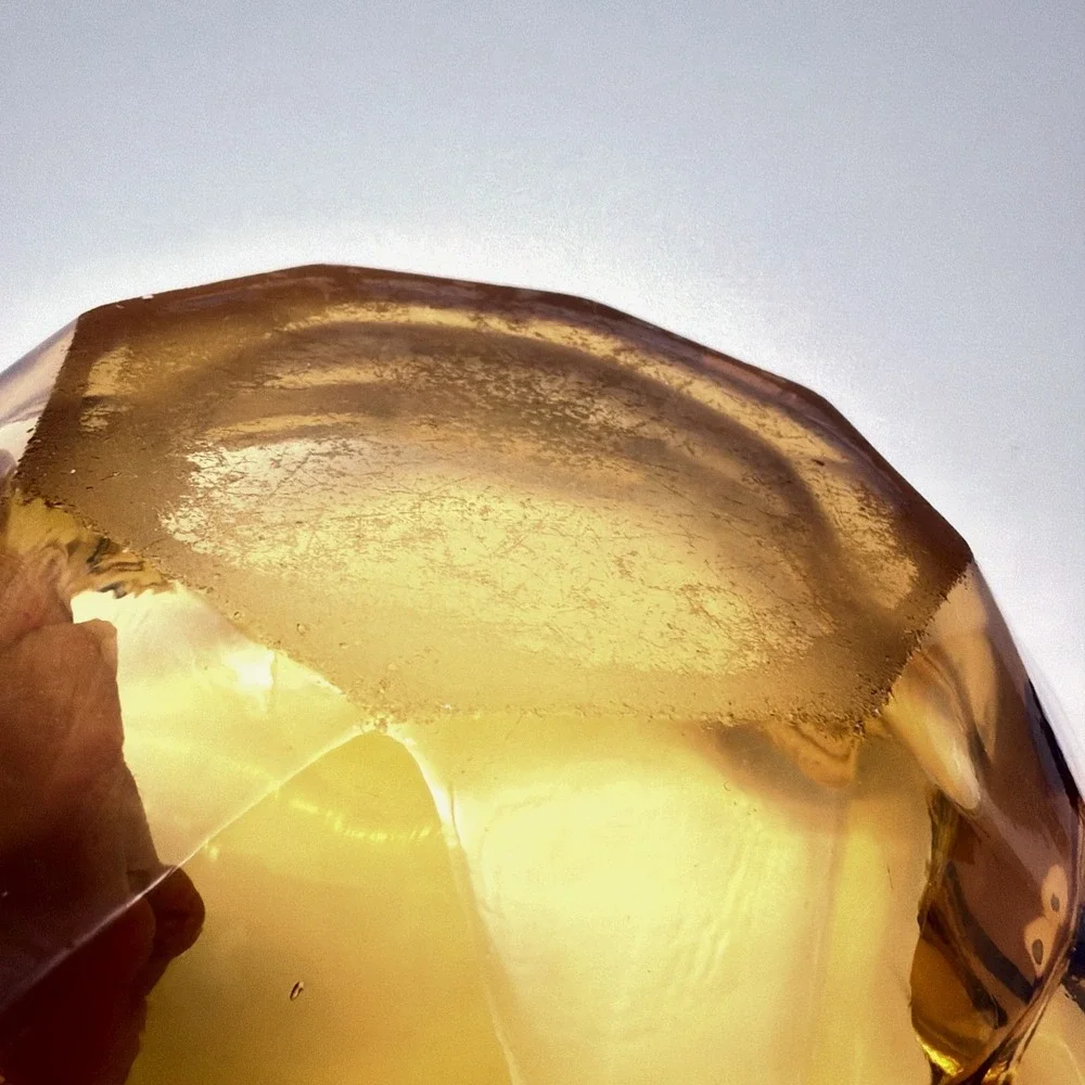 Vintage Amber Glass Ashtray Hexagonal Faceted Rim With Four Notches